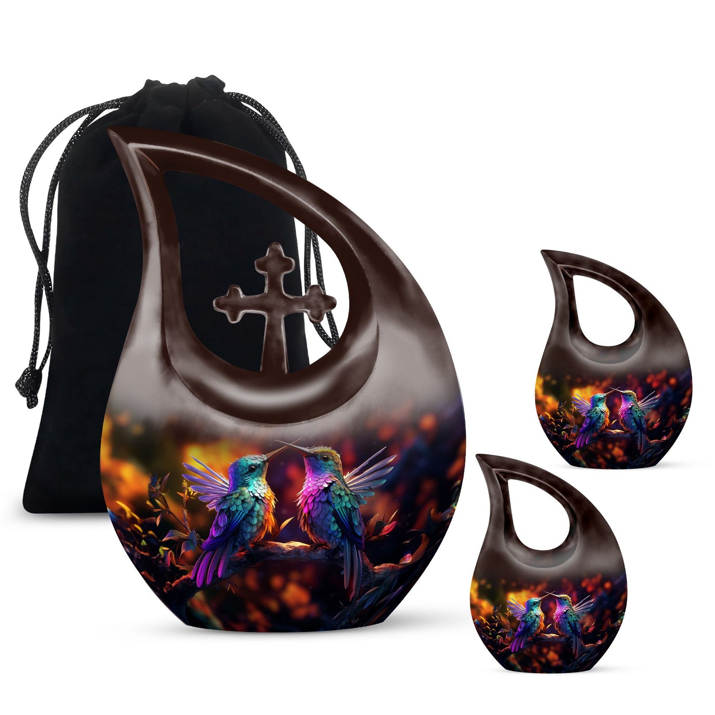 Humming Bird-themed cross drop design 10 inch aluminium urn 