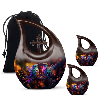 Humming Bird-themed cross drop design 10 inch aluminium urn 