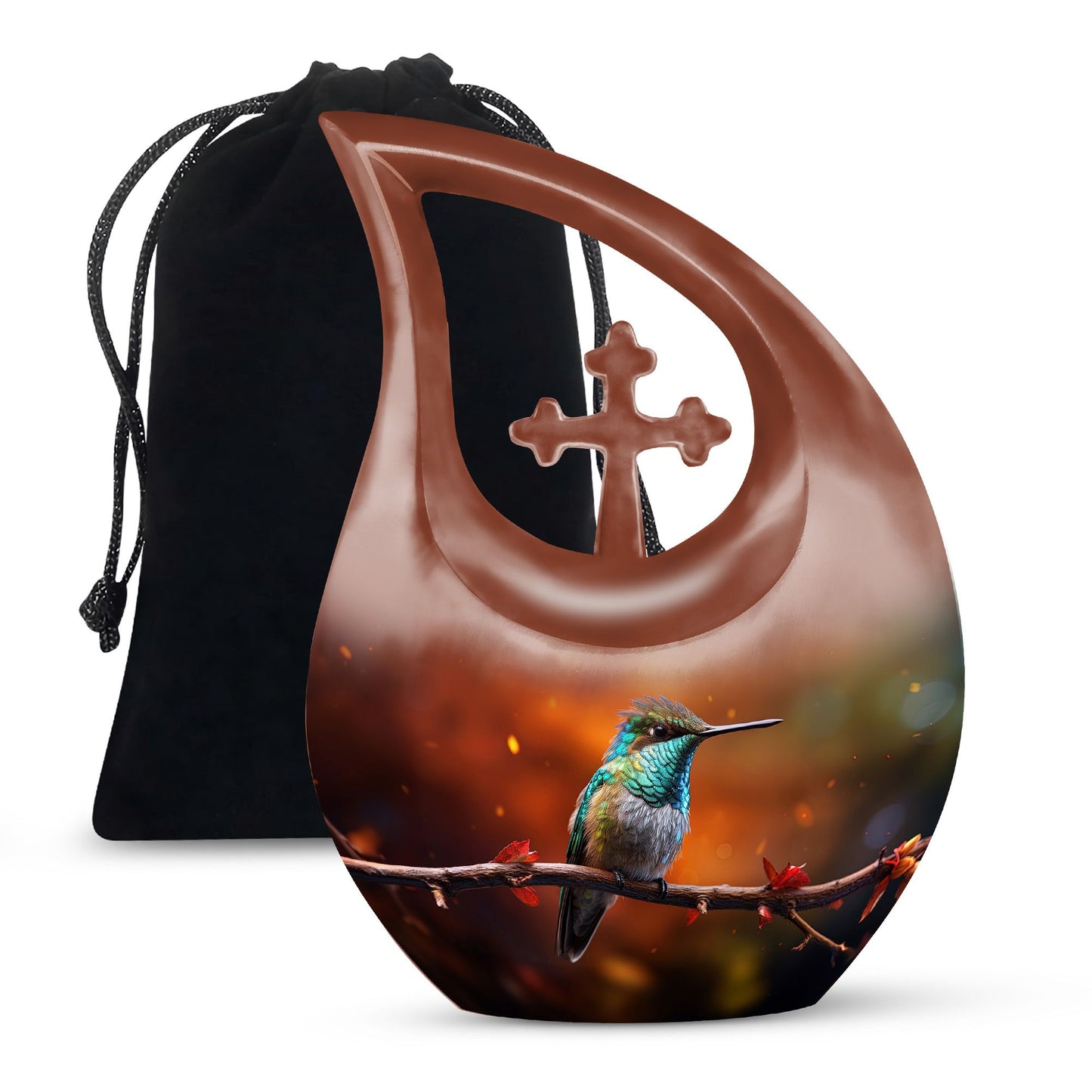 10 inch cross drop design humming bird urn