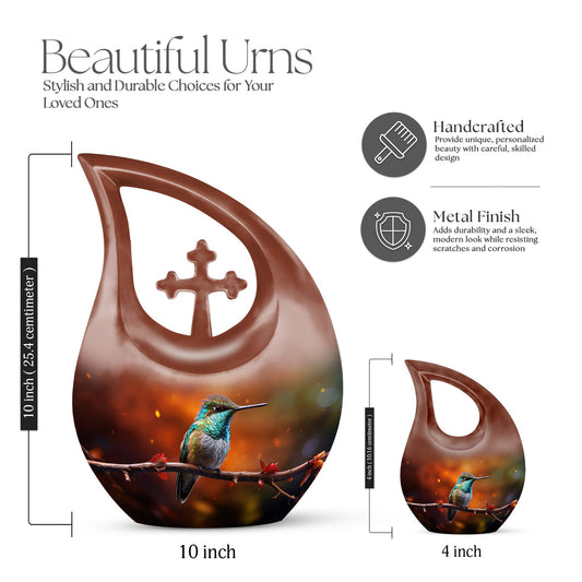 10 inch cross drop design humming bird urn