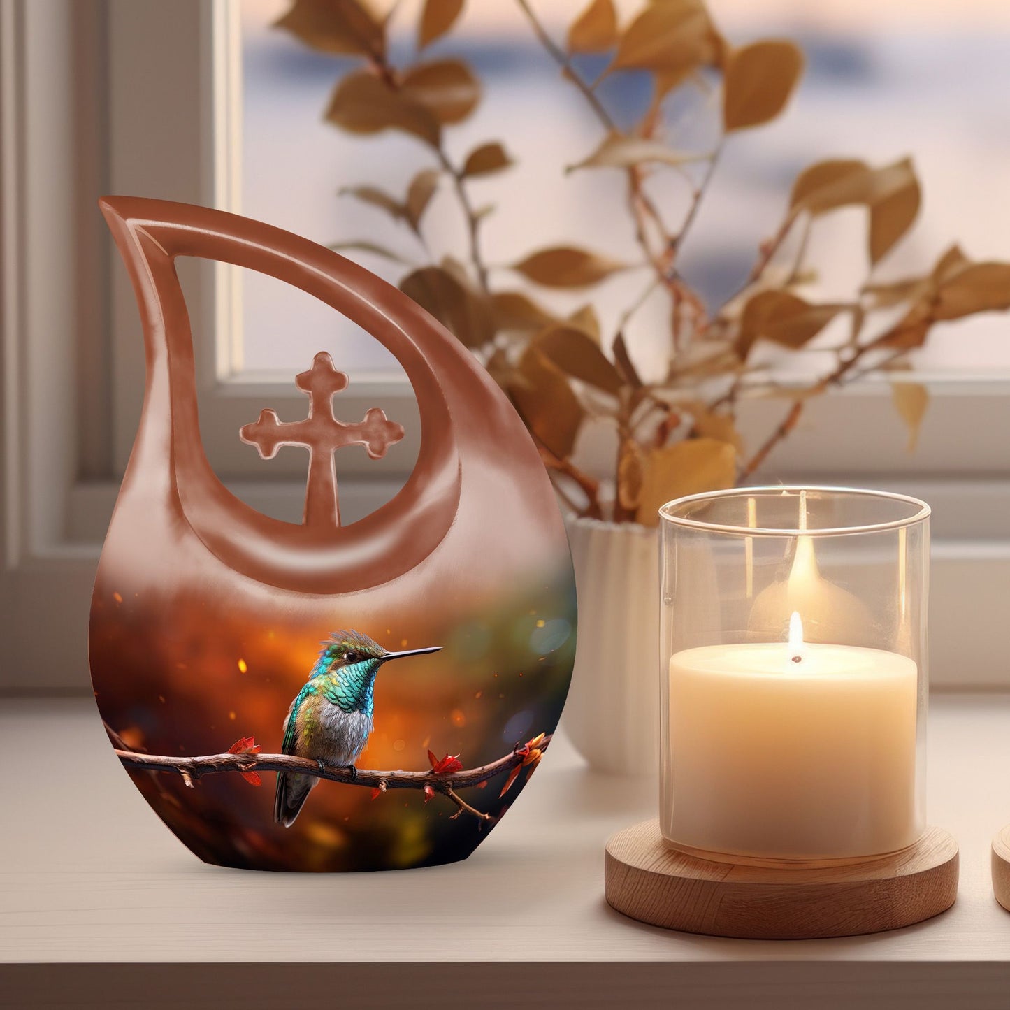 10 inch cross drop design humming bird urn