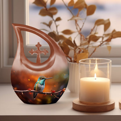 10 inch cross drop design humming bird urn