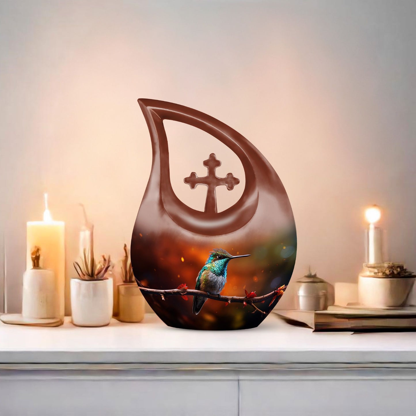 10 inch cross drop design humming bird urn