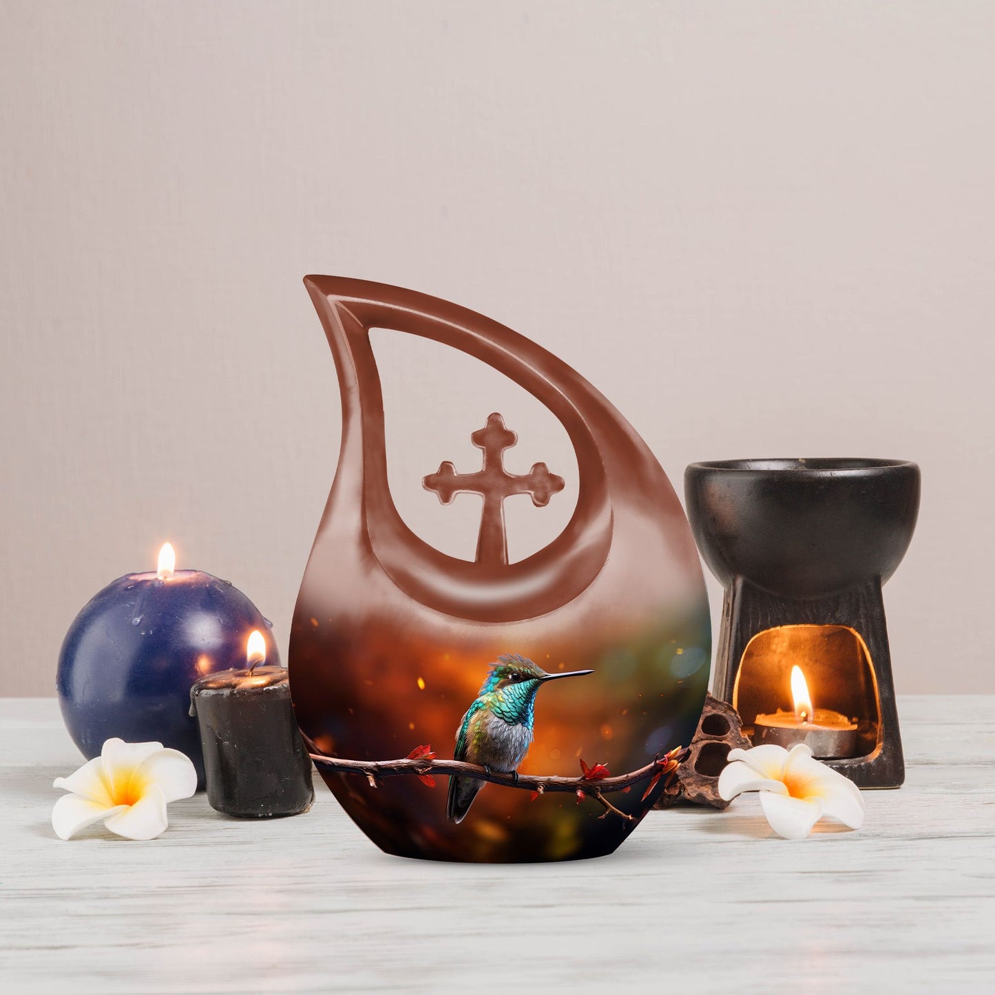 10 inch cross drop design humming bird urn