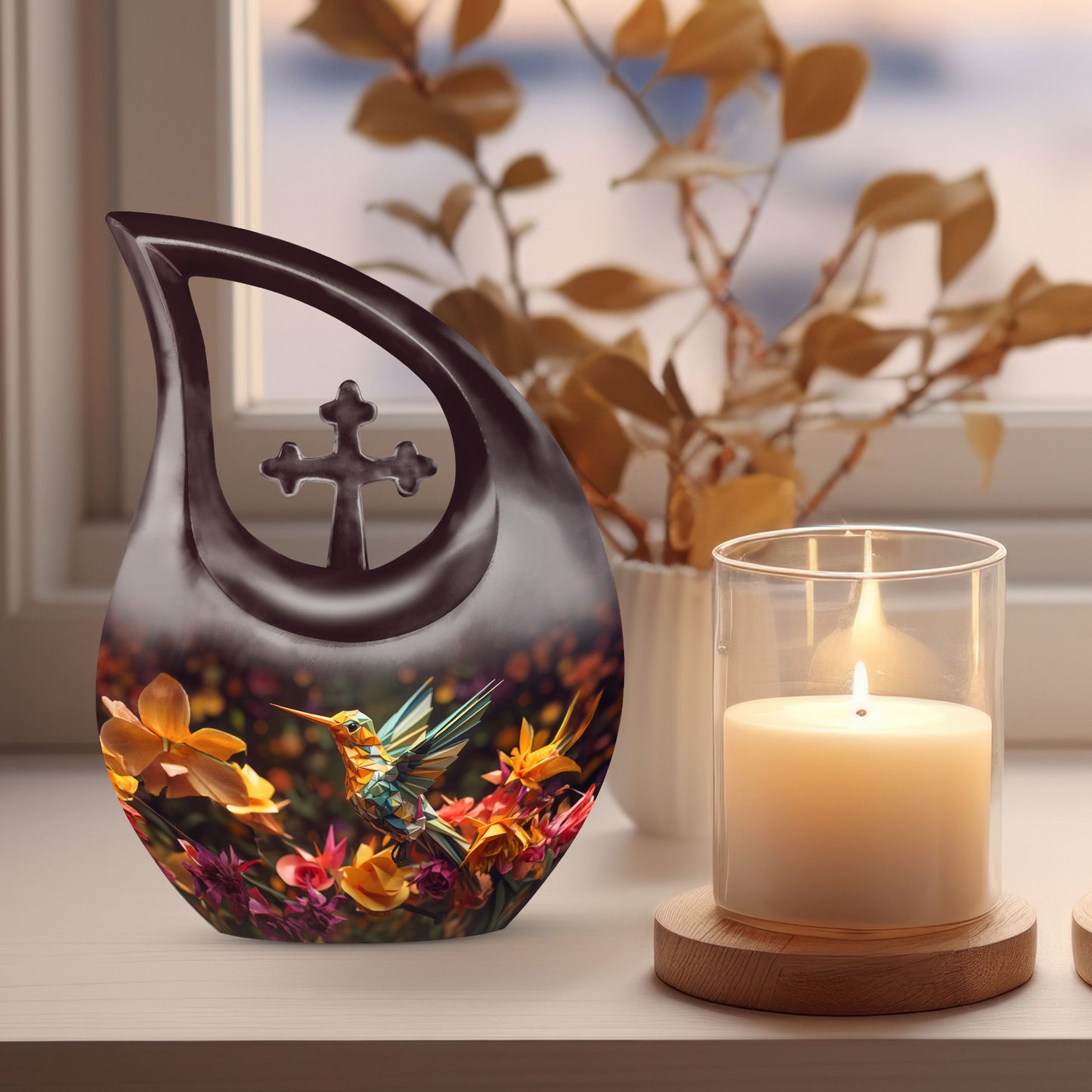 10 Inch Cross Drop Design Humming Bird Urn