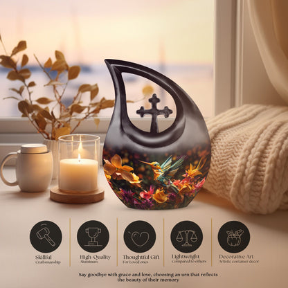 10 Inch Cross Drop Design Humming Bird Urn