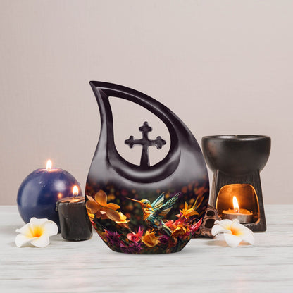 10 Inch Cross Drop Design Humming Bird Urn