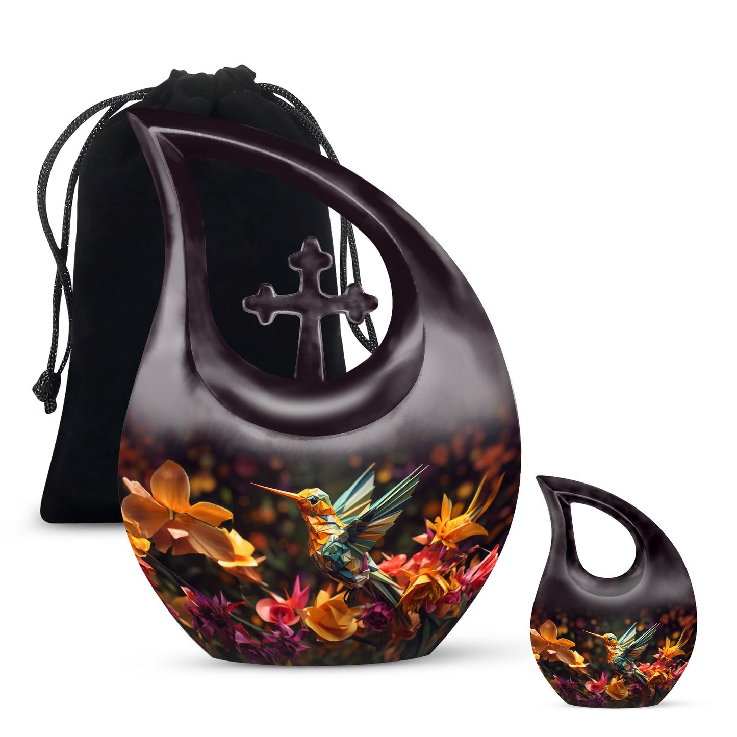 10 Inch Cross Drop Design Humming Bird Urn
