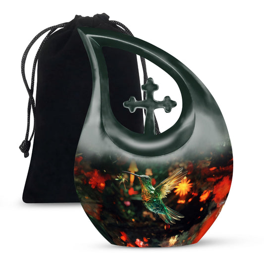 Hummingbird-themed 10 Inch Cross Drop Cremation Urn