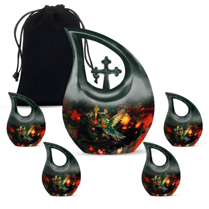 Hummingbird-themed 10 Inch Cross Drop Cremation Urn