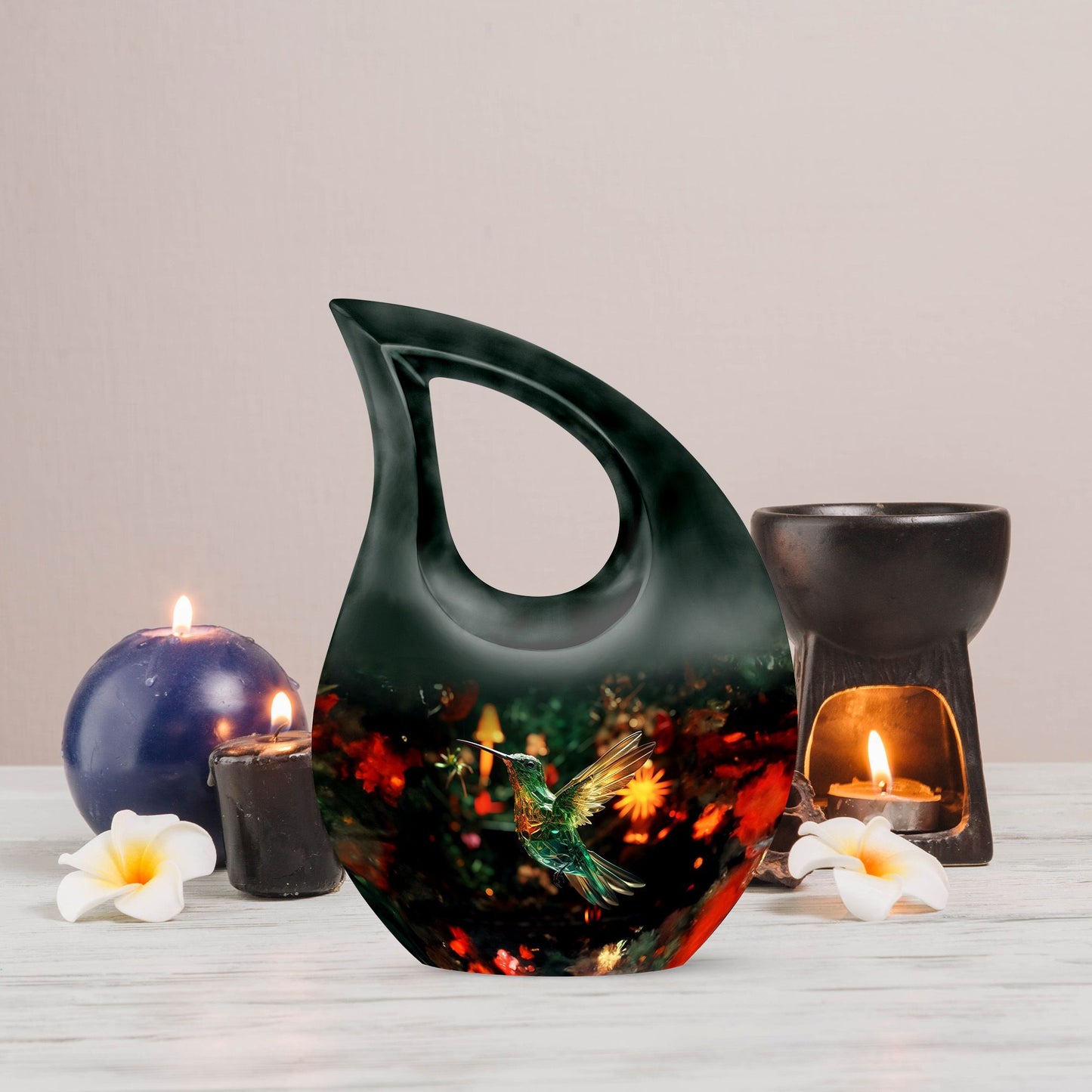Hummingbird-themed 10 Inch Cross Drop Cremation Urn