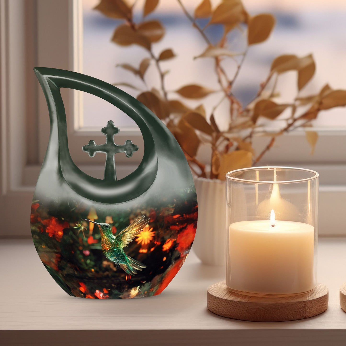 Hummingbird-themed 10 Inch Cross Drop Cremation Urn