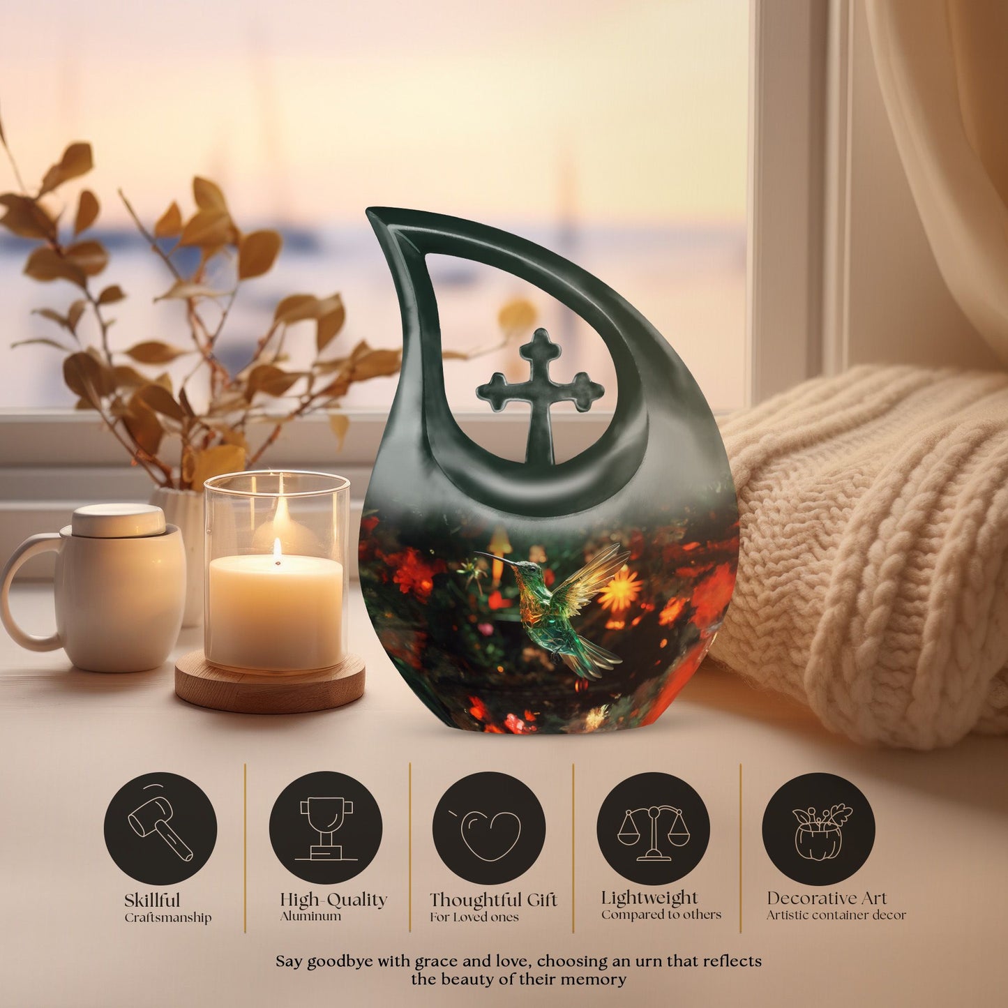 Hummingbird-themed 10 Inch Cross Drop Cremation Urn