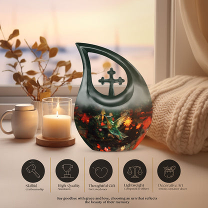 Hummingbird-themed 10 Inch Cross Drop Cremation Urn