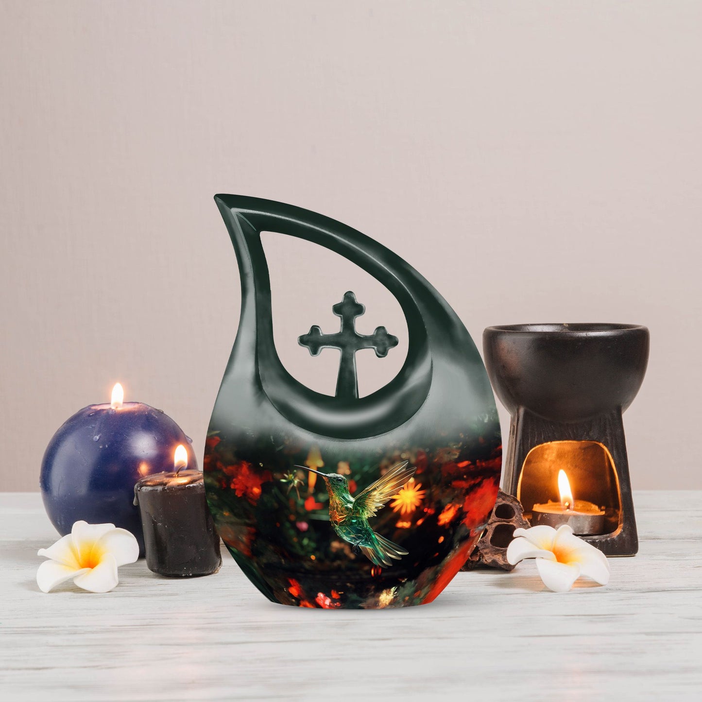 Hummingbird-themed 10 Inch Cross Drop Cremation Urn
