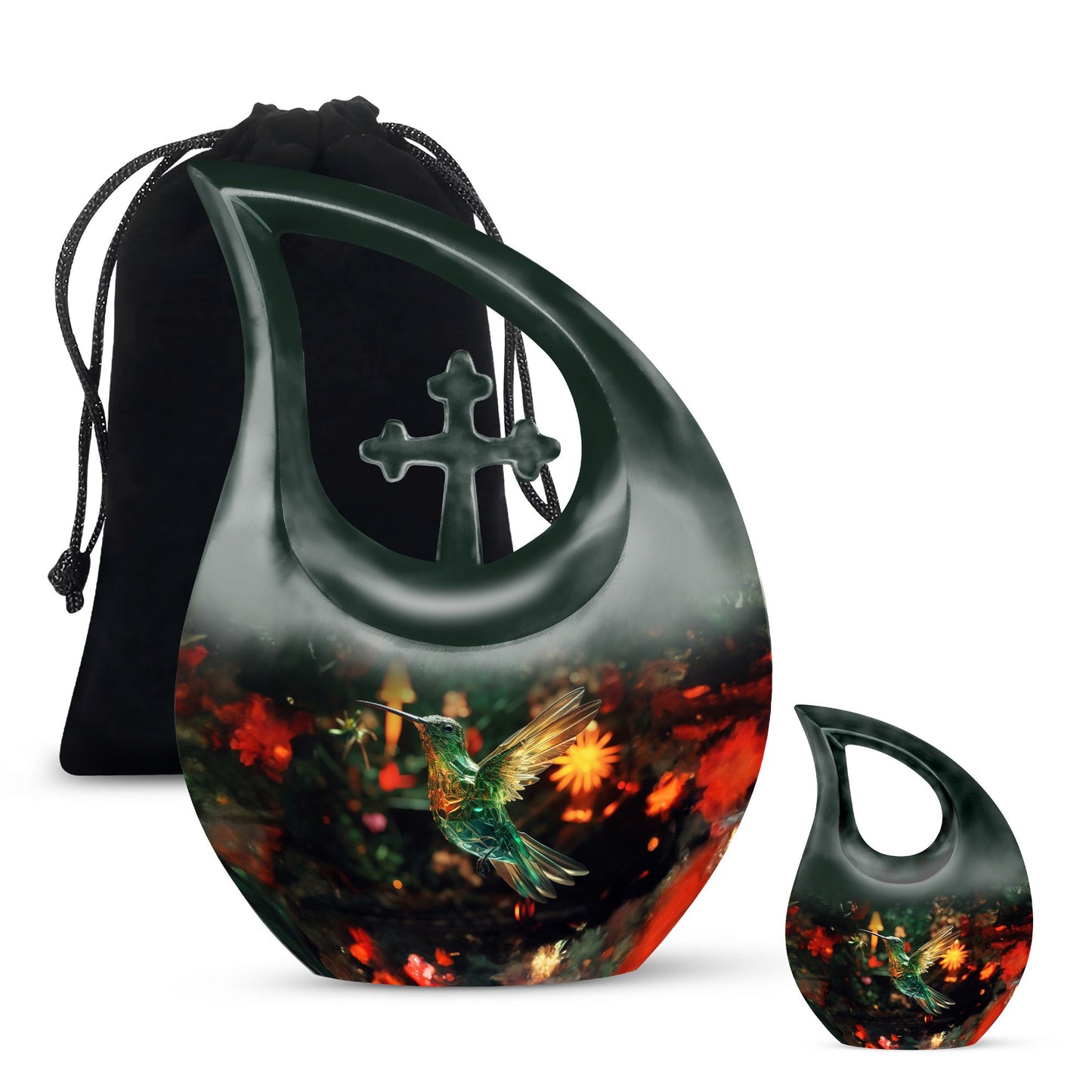 Hummingbird-themed 10 Inch Cross Drop Cremation Urn
