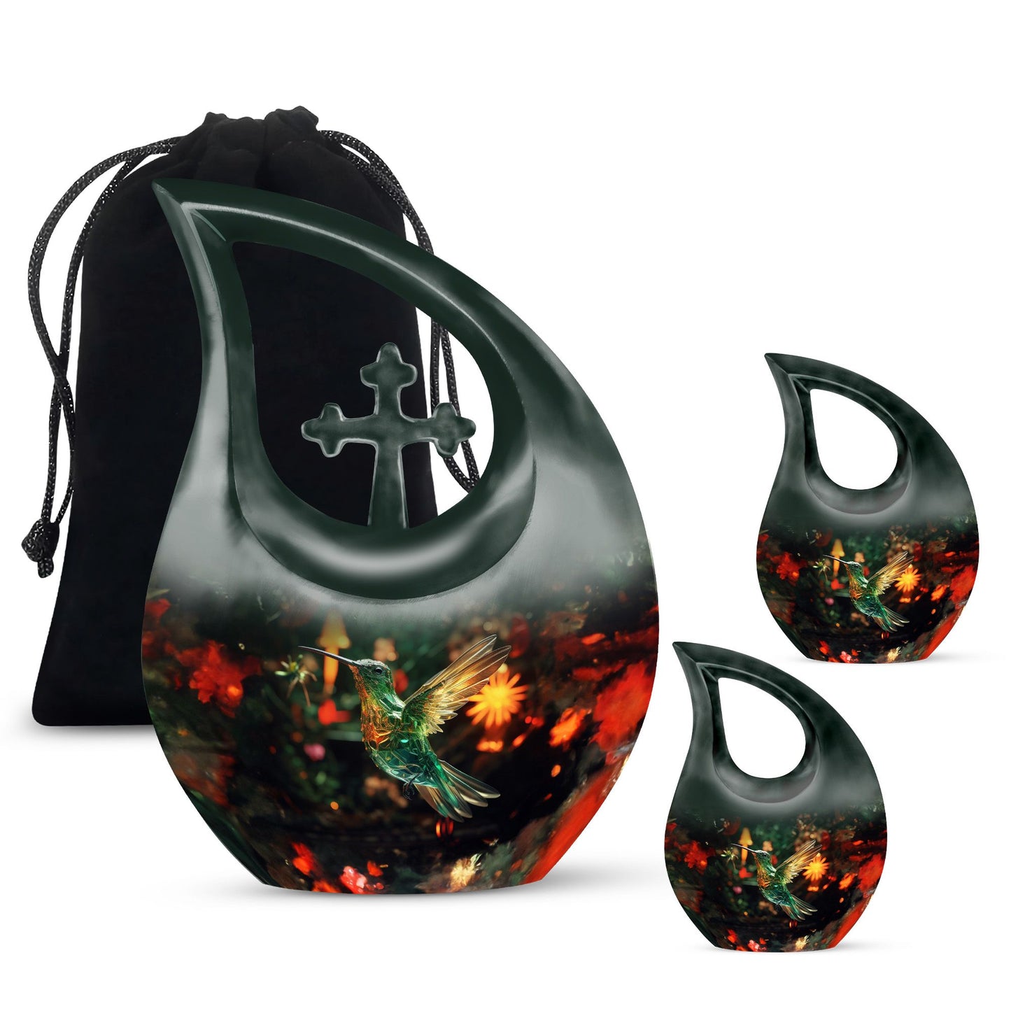 Hummingbird-themed 10 Inch Cross Drop Cremation Urn