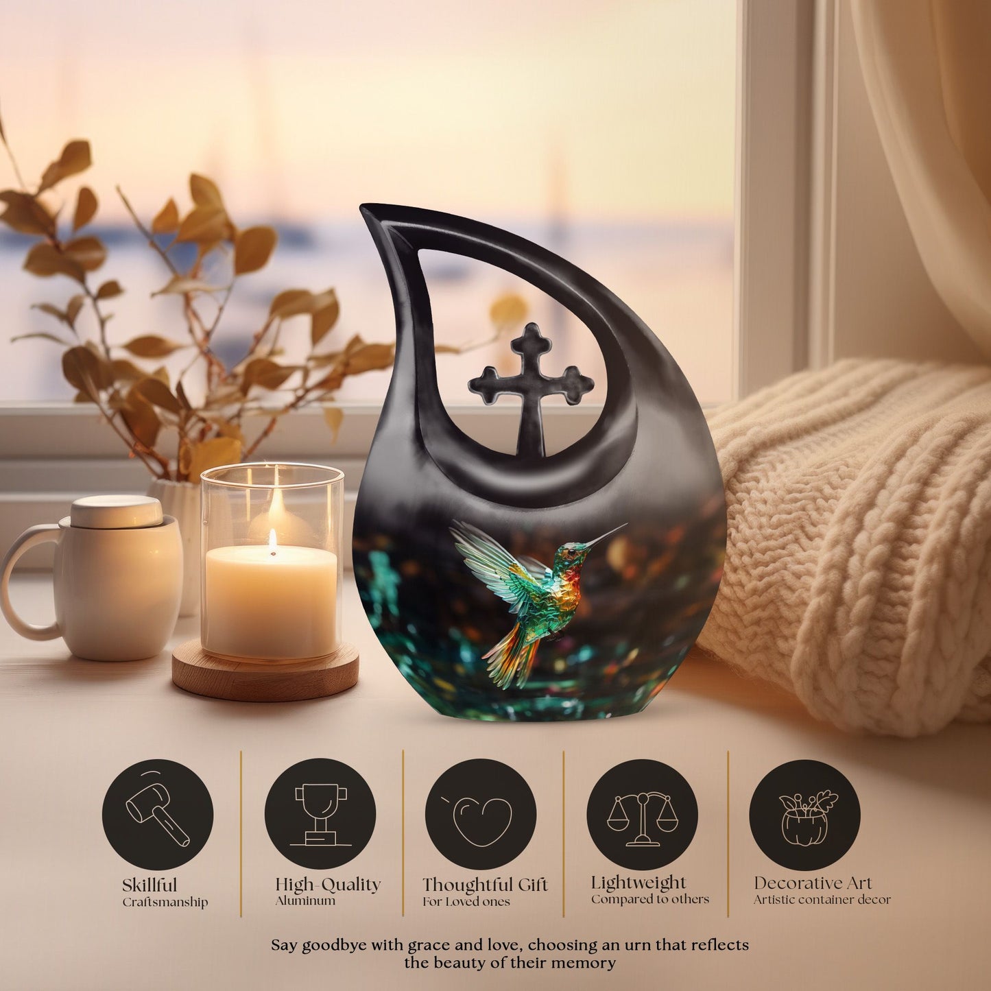 Hummingbird themed,10-inch aluminium memorial cremation urn 