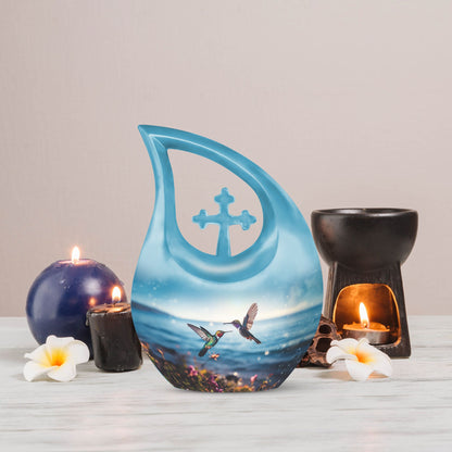 10 inch aluminium Cross Drop design Humming Bird Urn 
