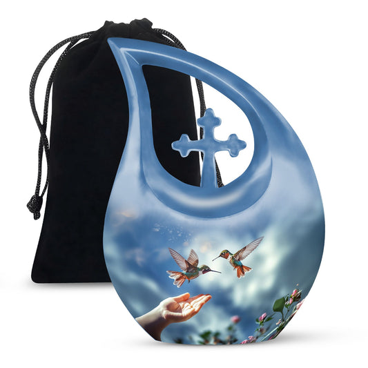 10-inch Blue Hummingbird Cross Drop urn, 