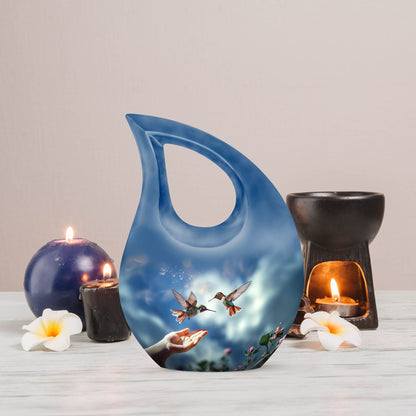 10-inch Blue Hummingbird Cross Drop urn, 