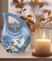 10-inch Blue Hummingbird Cross Drop urn, 