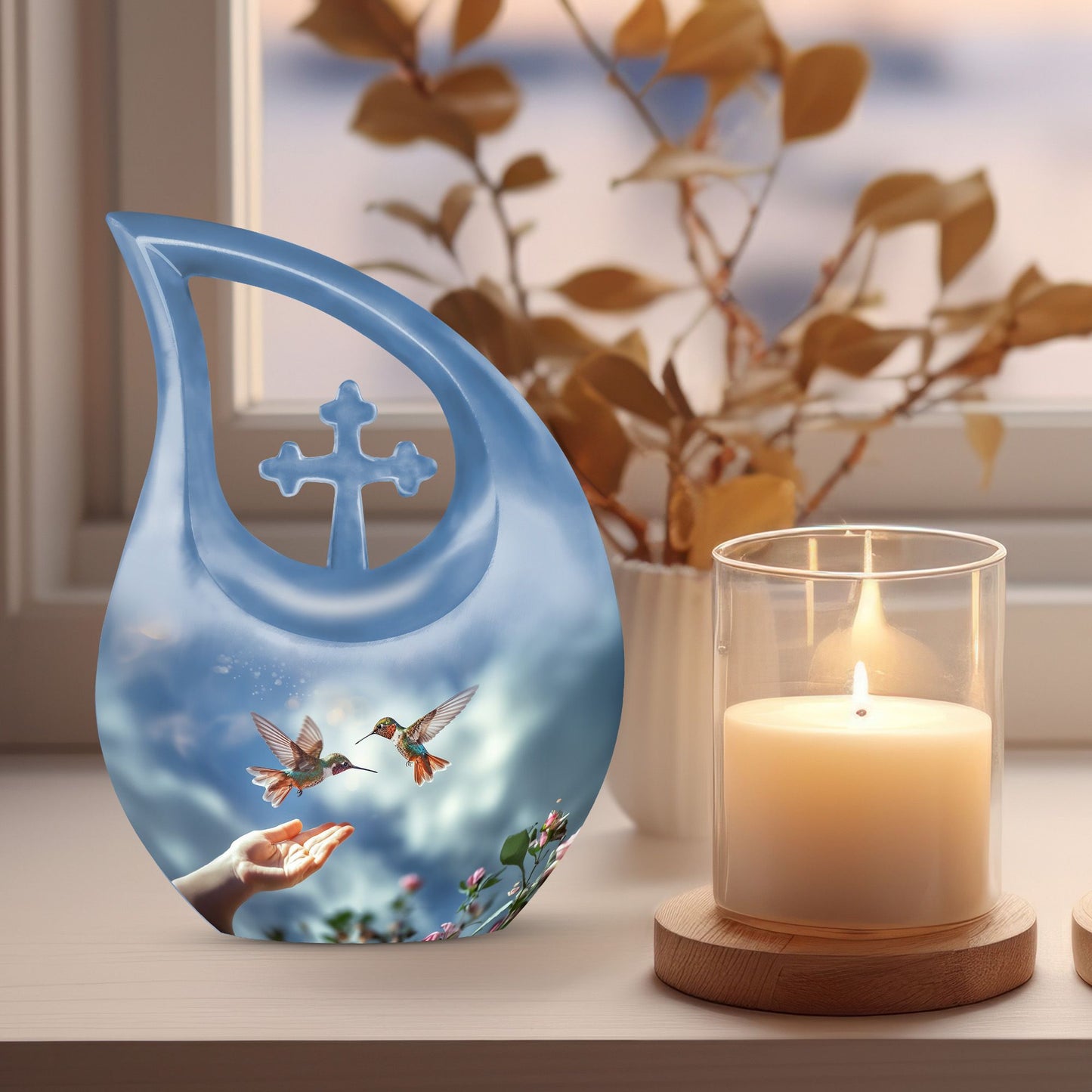 10-inch Blue Hummingbird Cross Drop urn, 