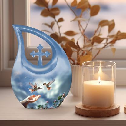 10-inch Blue Hummingbird Cross Drop urn, 