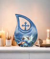 10-inch Blue Hummingbird Cross Drop urn, 
