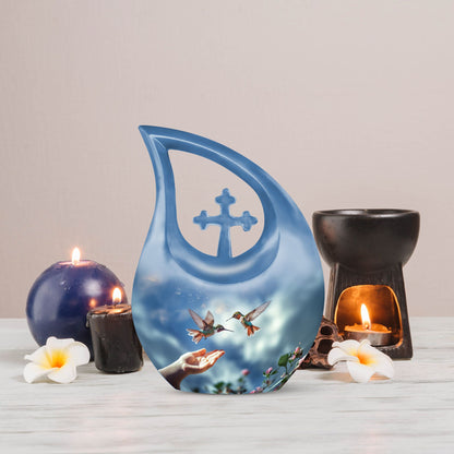 10-inch Blue Hummingbird Cross Drop urn, 