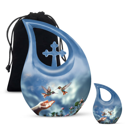 10-inch Blue Hummingbird Cross Drop urn, 