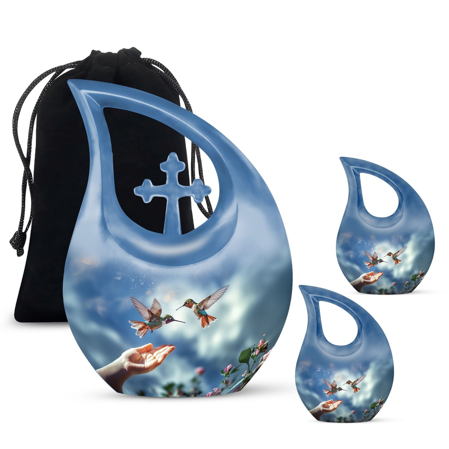 10-inch Blue Hummingbird Cross Drop urn, 