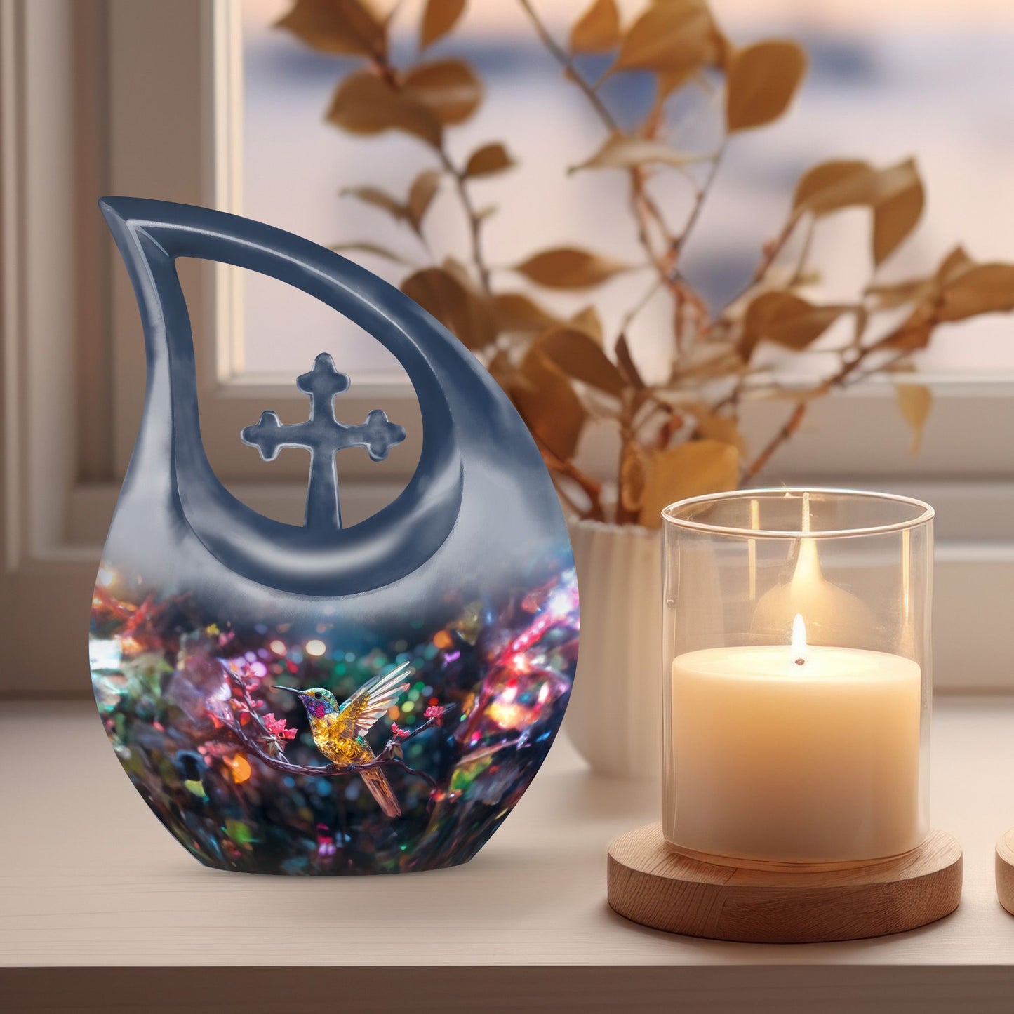 10-inch wooden hummingbird urn 
