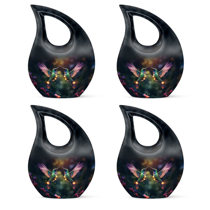 Hummingbird Urn for Human Ashes, Two Glowing Birds Among Pink Flowers, Black Teardrop Urn