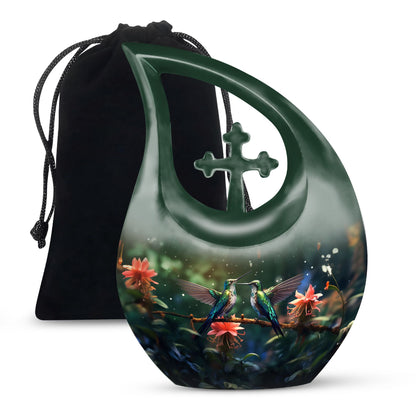 10-inch Humming Bird Themed Cross Drop Large Urn 