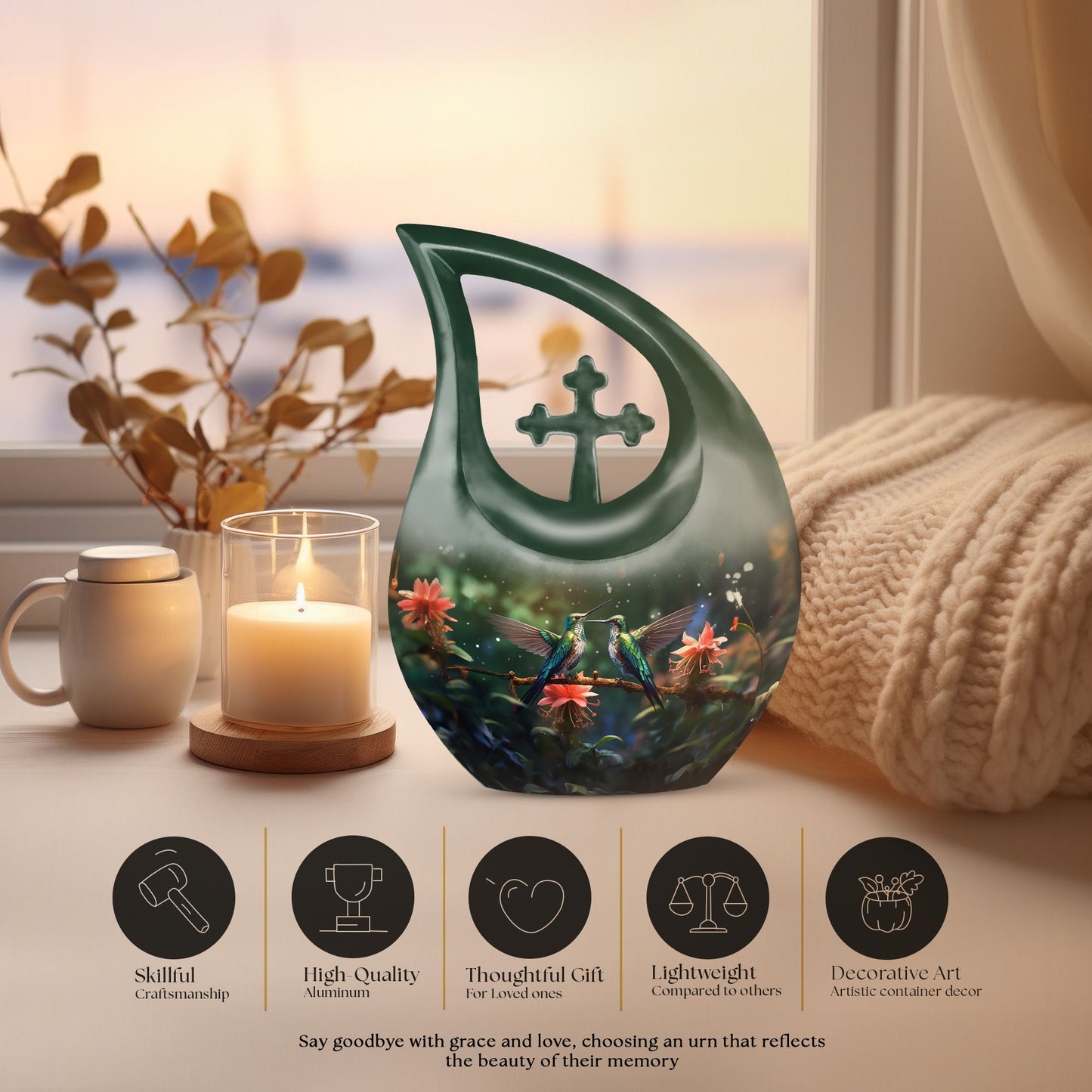 10-inch Humming Bird Themed Cross Drop Large Urn 