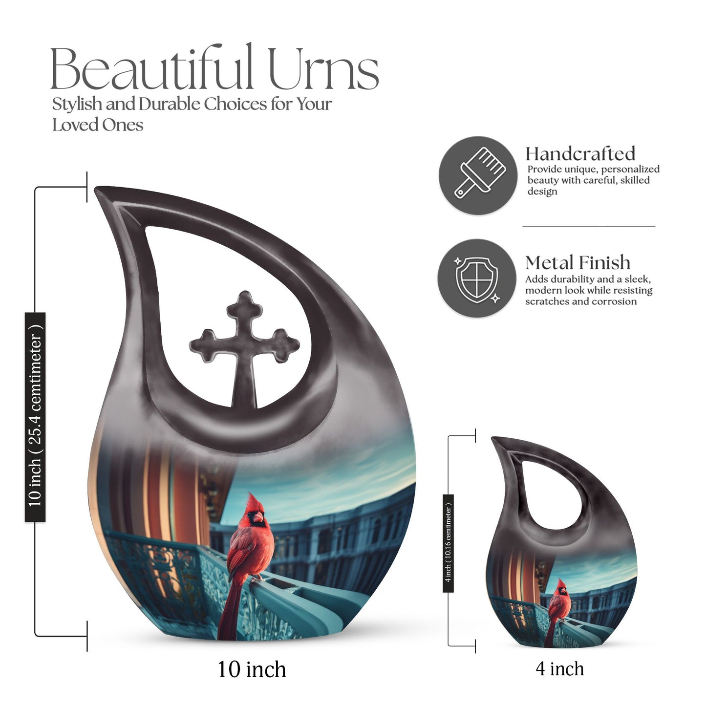 10-inch Cross Drop design Cardinal Bird Urn