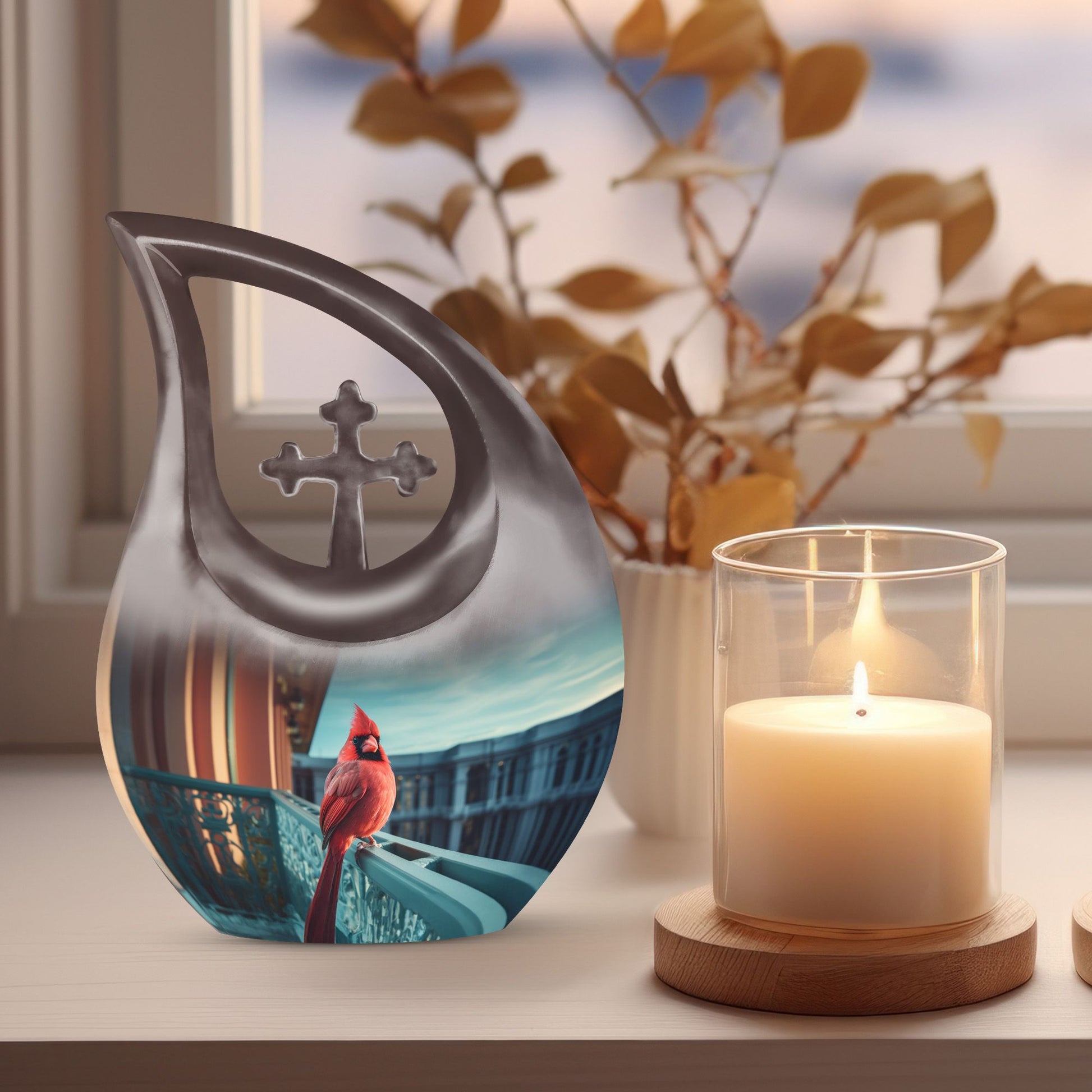 10-inch Cross Drop design Cardinal Bird Urn