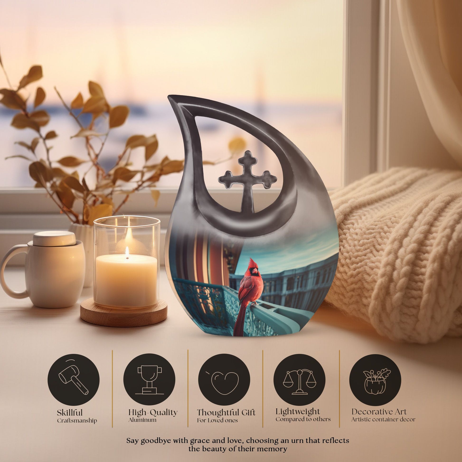 10-inch Cross Drop design Cardinal Bird Urn