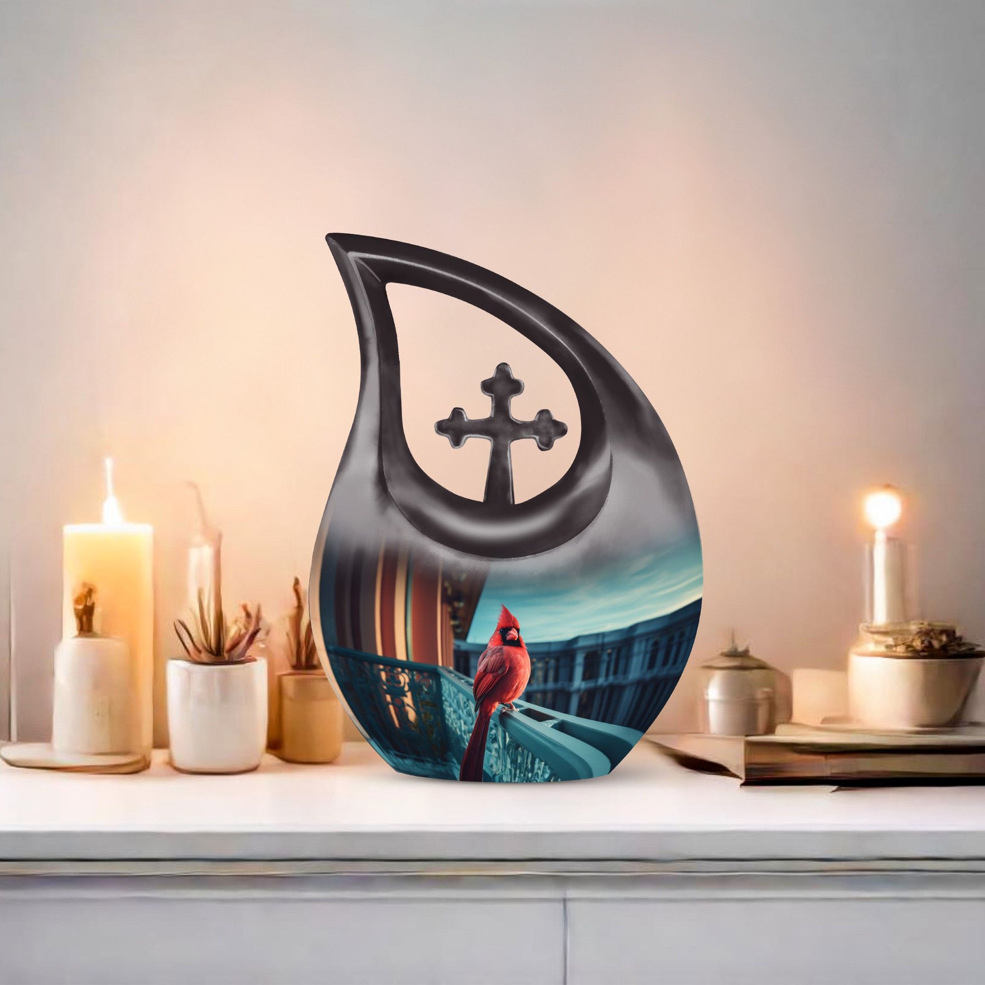 10-inch Cross Drop design Cardinal Bird Urn