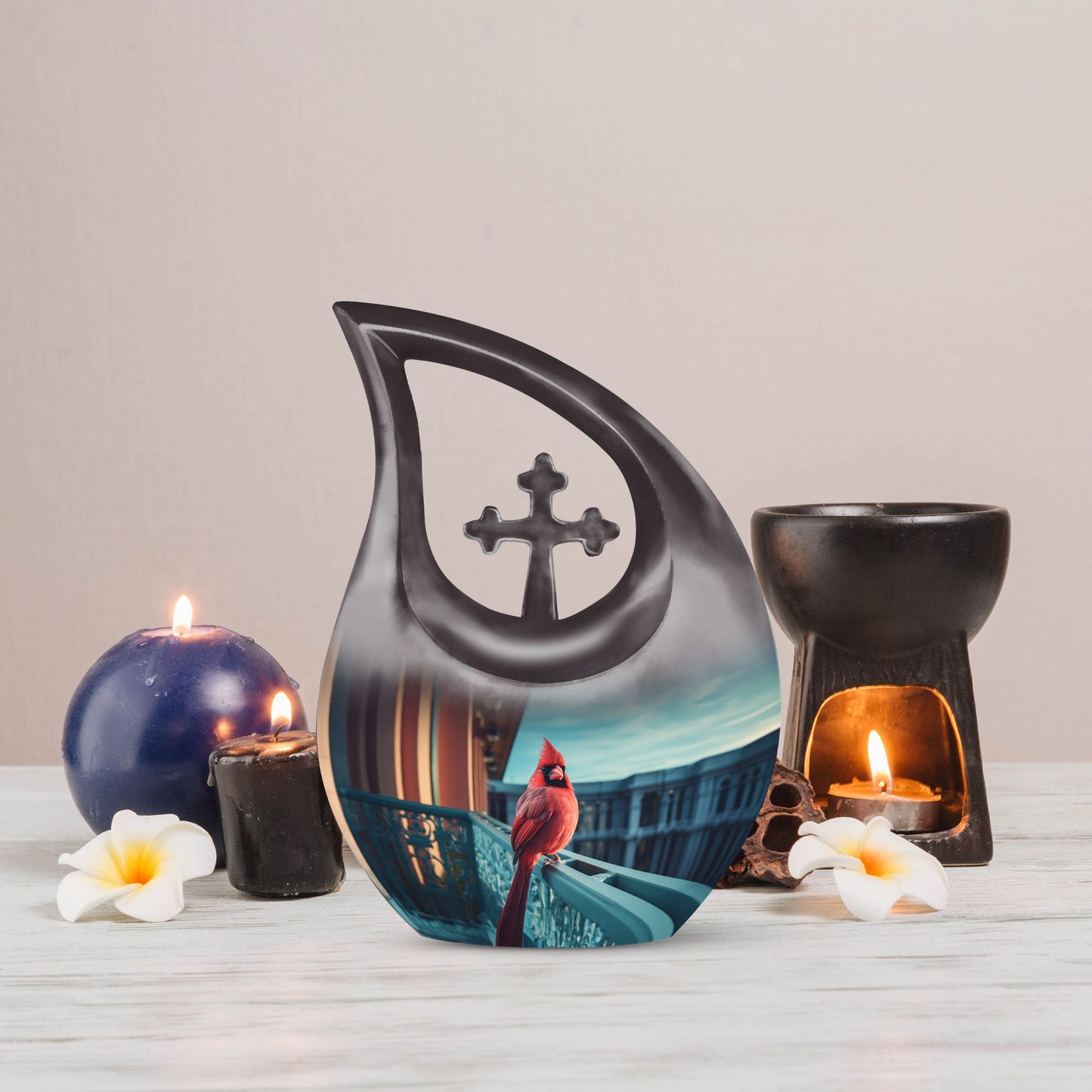 10-inch Cross Drop design Cardinal Bird Urn