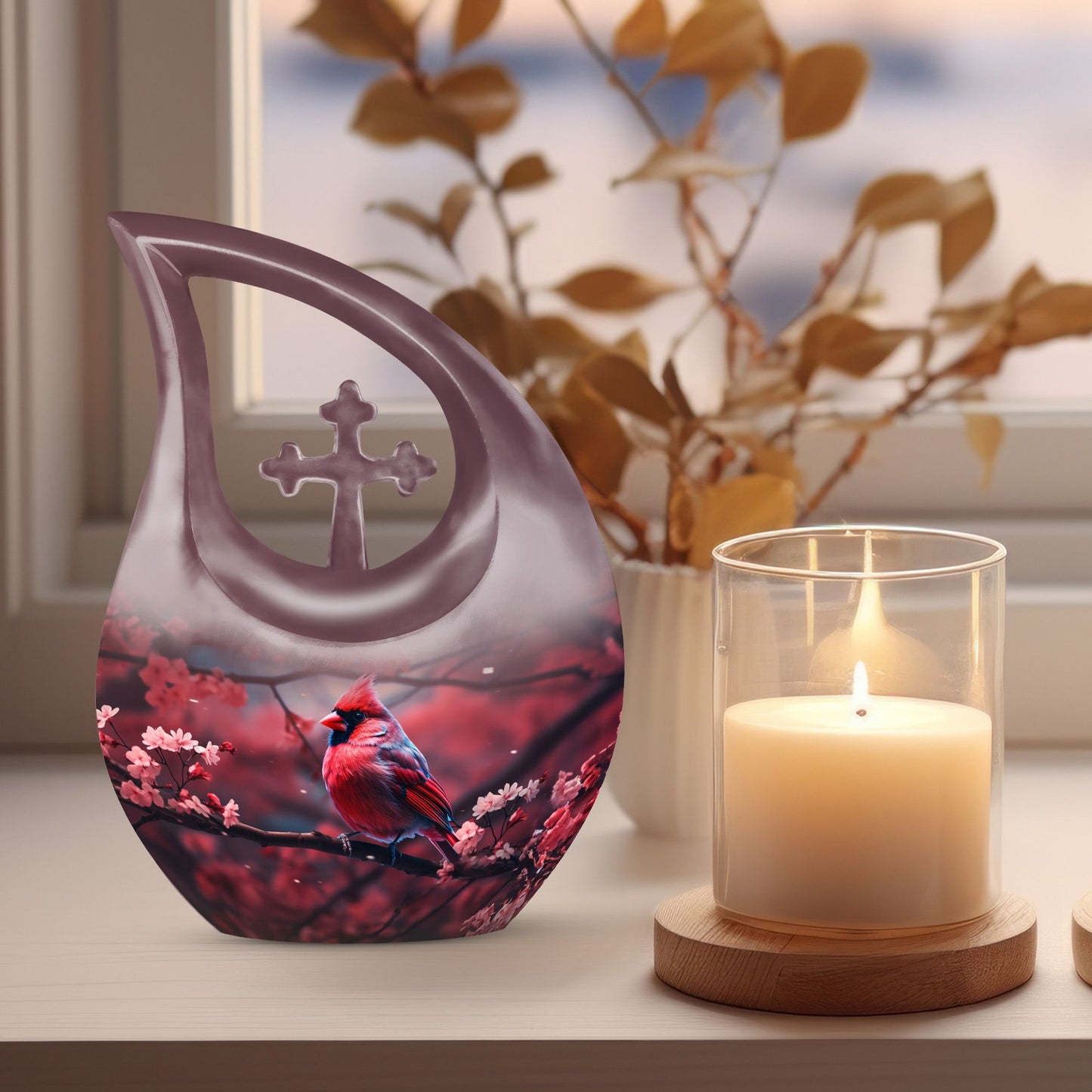 Large 10-inch Cardinal Bird themed memorial urn 