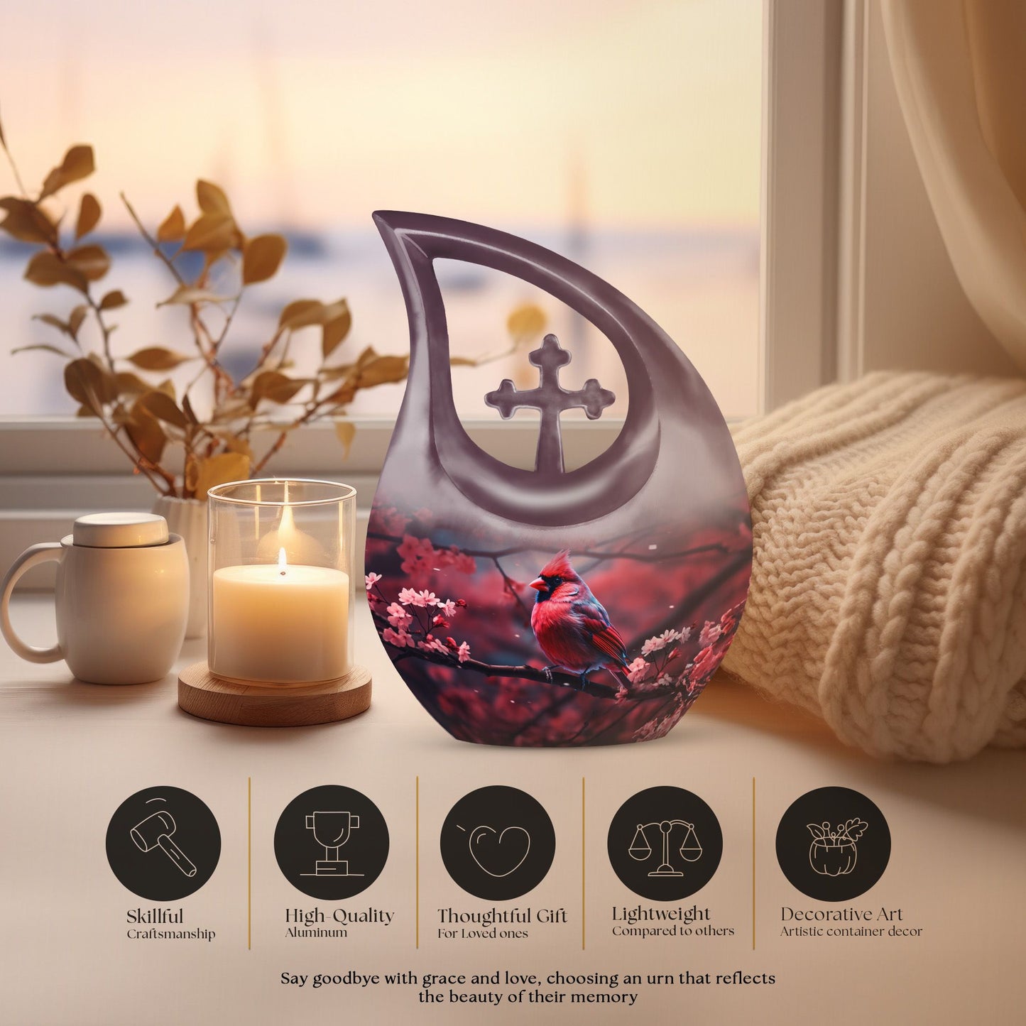 Large 10-inch Cardinal Bird themed memorial urn 