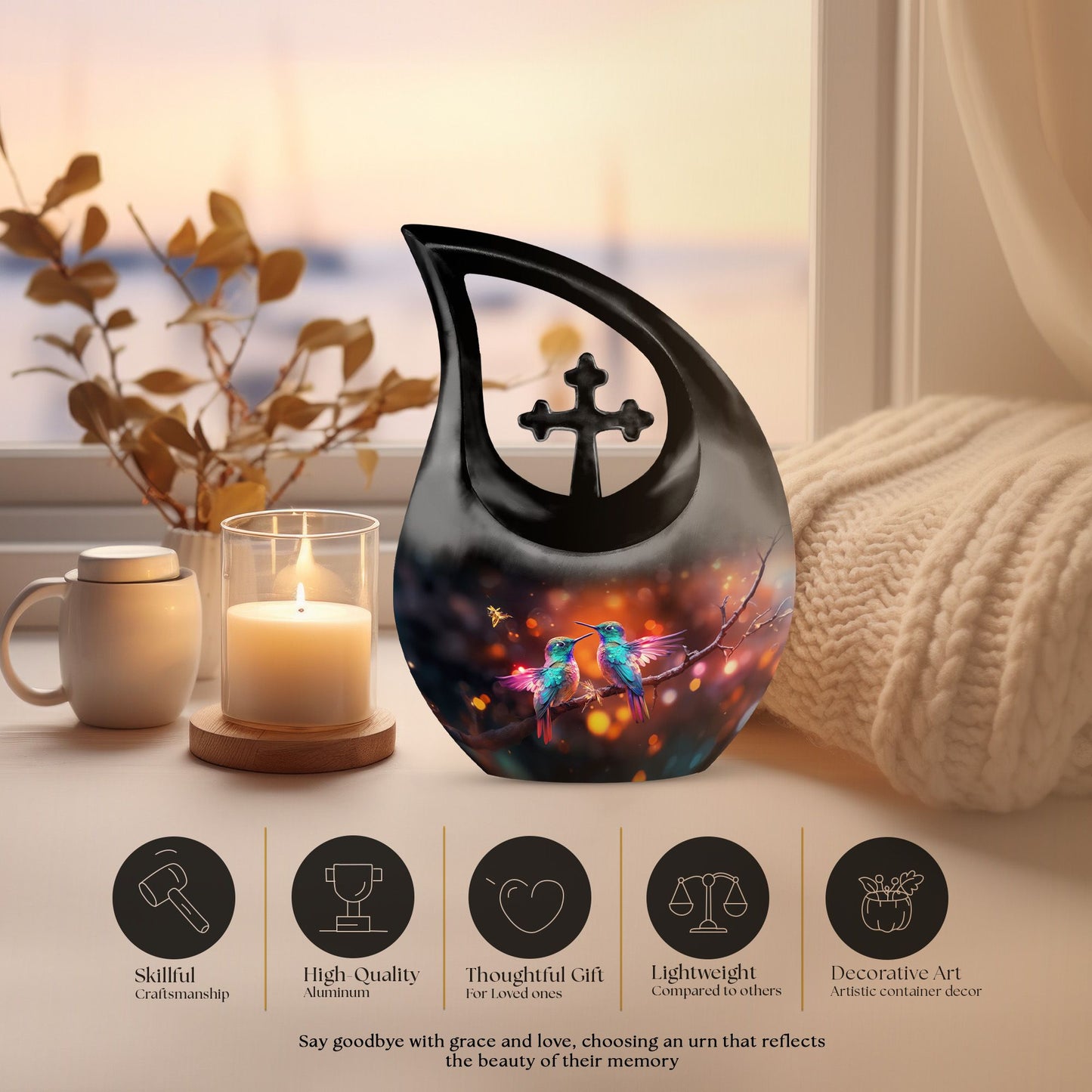 Humming Bird themed Cross Drop Cremation Urn 