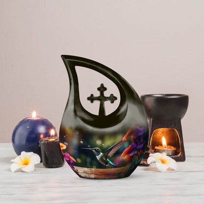 10 Inch Cross Drop Humming Bird Urn