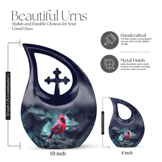 10-inch Cardinal Bird themed Cross Drop Urn