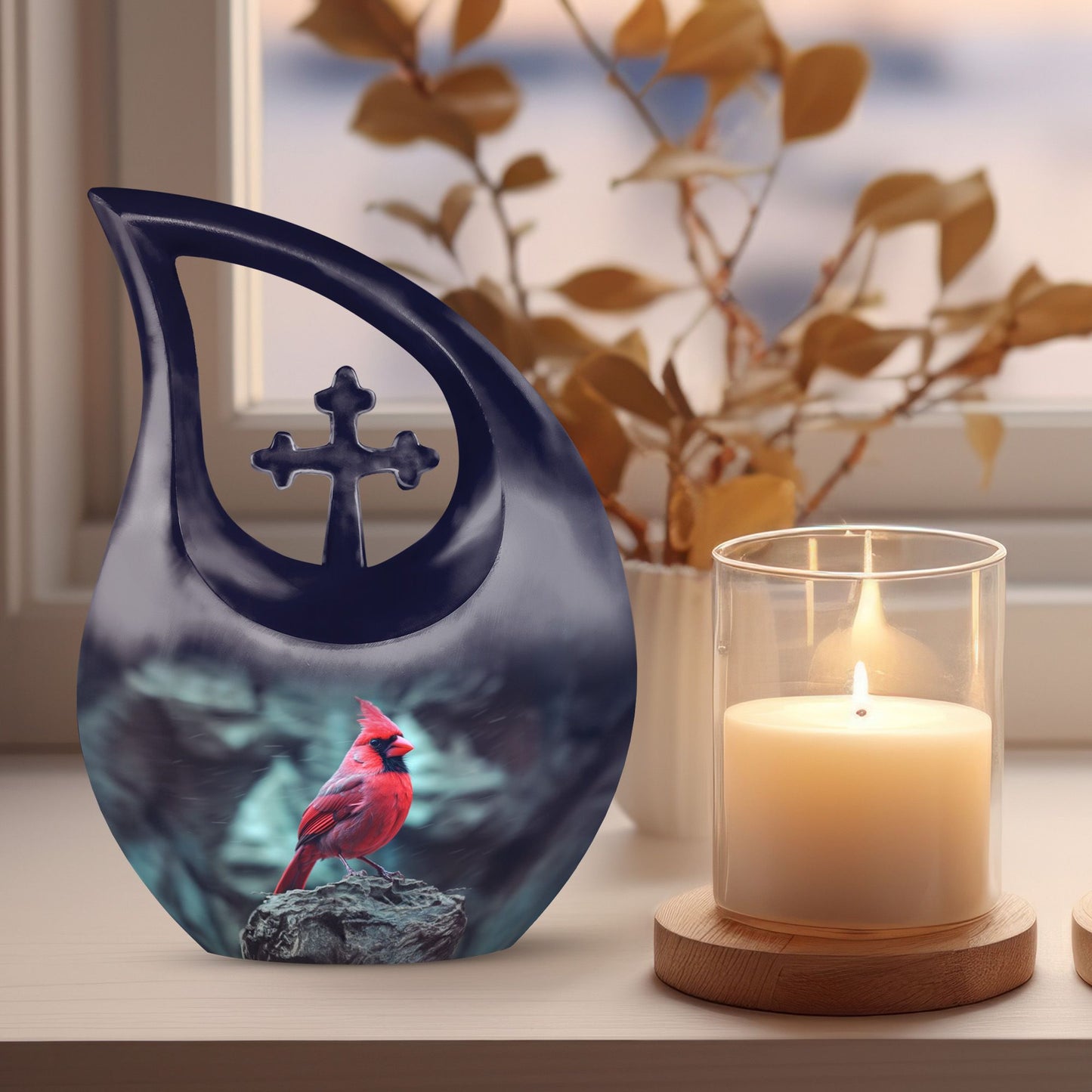 10-inch Cardinal Bird themed Cross Drop Urn