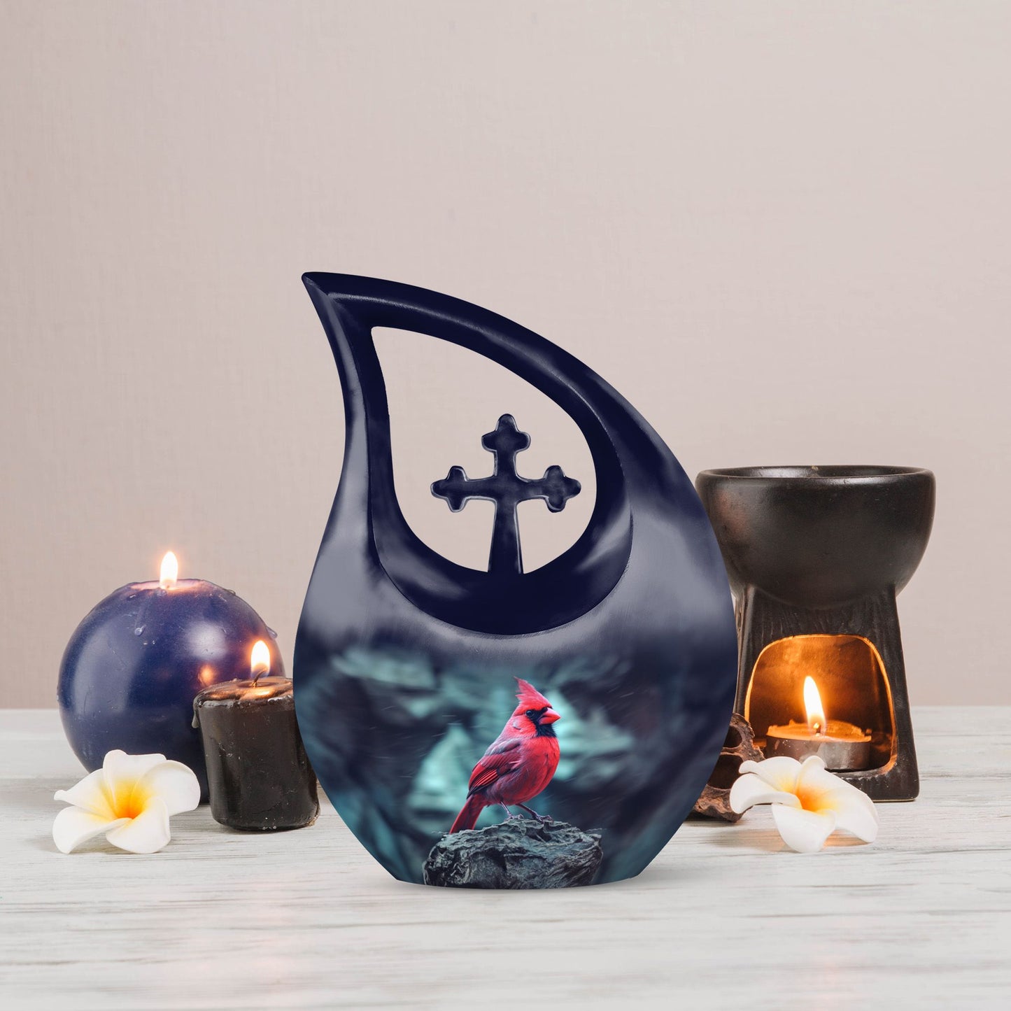 10-inch Cardinal Bird themed Cross Drop Urn