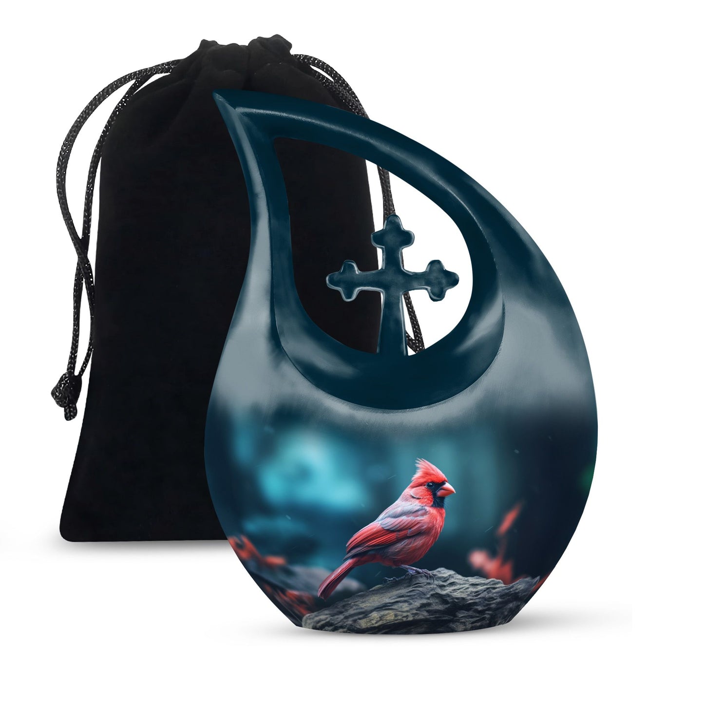 Cardinal Bird themed Cross Drop design memorial urn