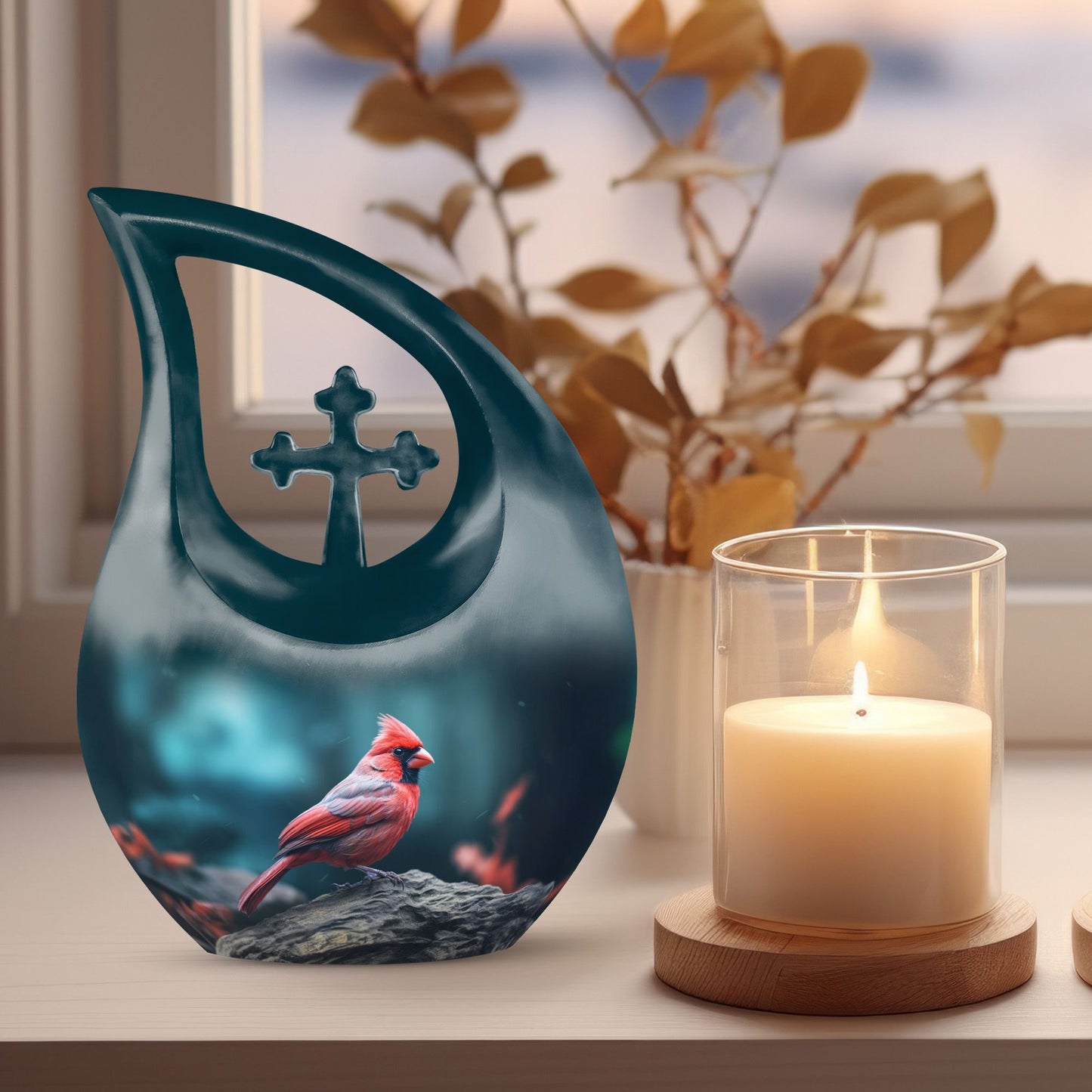 Cardinal Bird themed Cross Drop design memorial urn